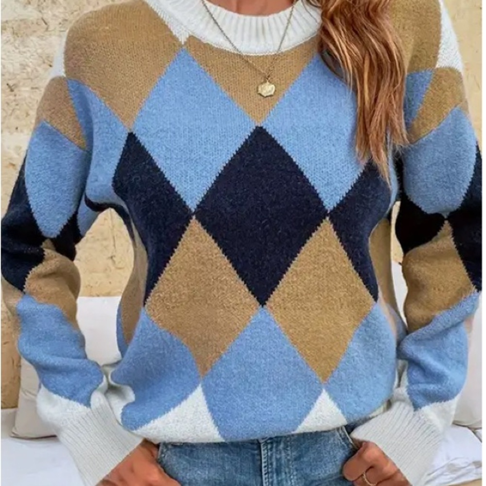 (New) Cozy Argyle Pattern Crew Neck Sweater